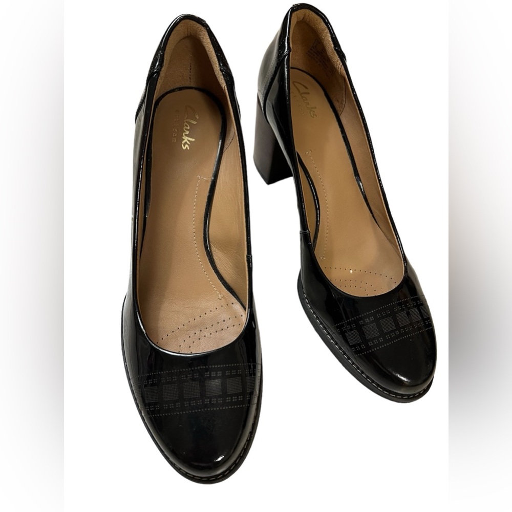Clarks Artisan Tarah Sofia Black Block Heel Comfort Patent Leather SZ 8.5